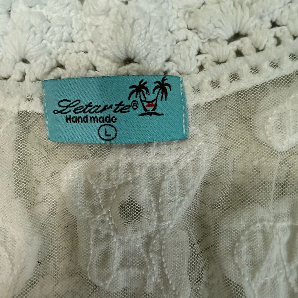 Letarte Handmade Lace Cover Up Dress White Sheer Crochet Trim Boho Beach‎ Size L